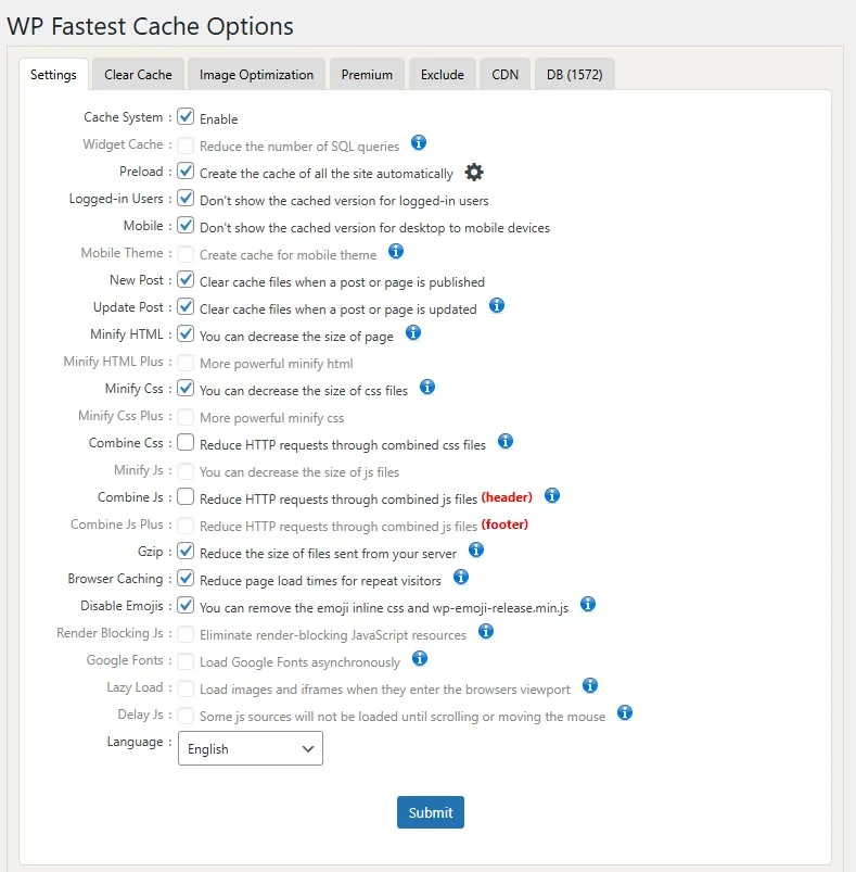 Instellingen WP Fastest Cache